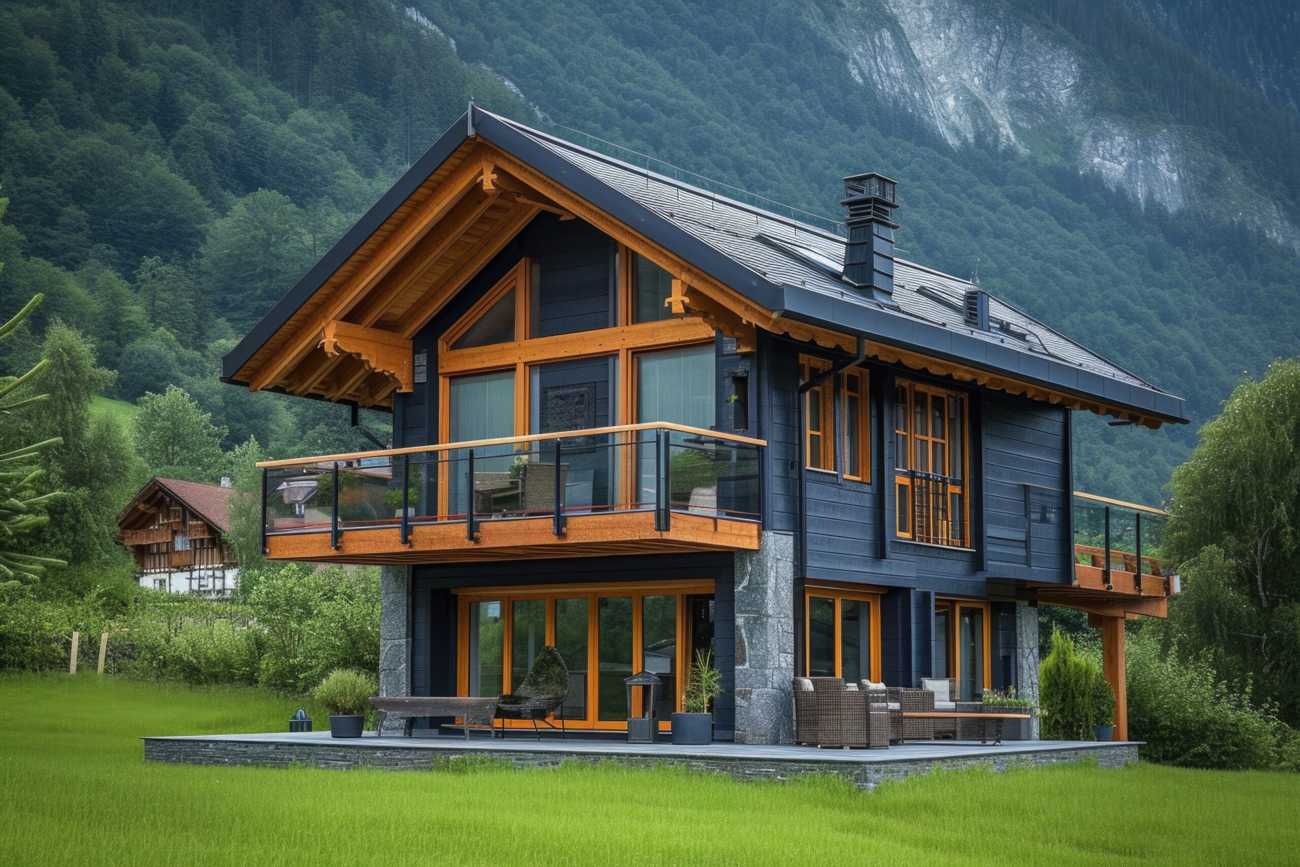 wooden house in the middle of green grass, in the style of dark indigo and dark brown, luxurious opulence, timber frame construction, dark orange and light black, clear edge definition, brightly colored, bold and busy --ar 128:85 --v 6 Job ID: 9e5afda4-a13f-447d-b41d-5da97ba79f4a